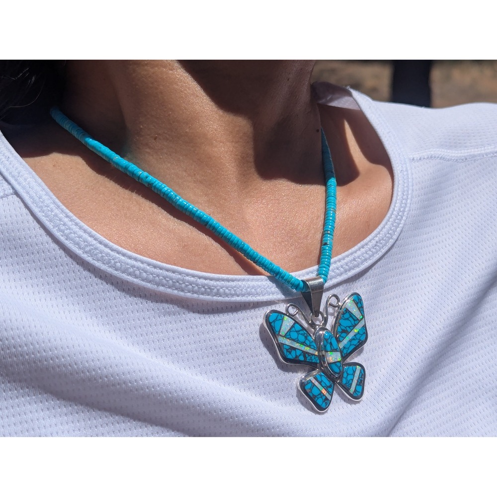Navajo Necklace Turquoise Butterfly Pendant Handmade Native Amer Jewelry ** - Picture 4 of 13